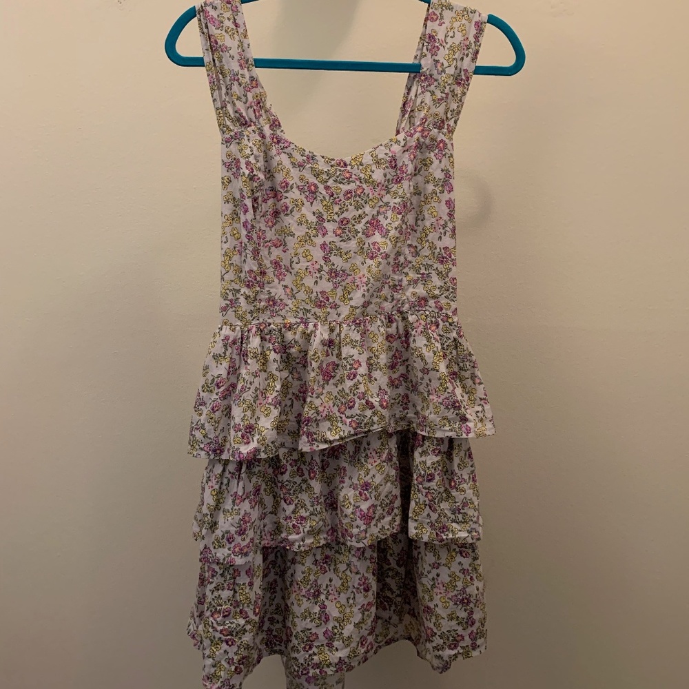 Ditsy Floral Print Bow Tie Open Back Tiered Dress